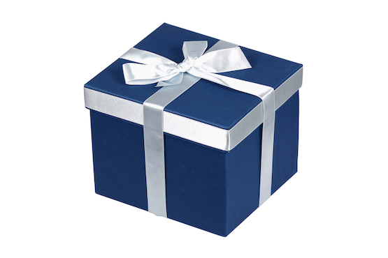 Blue gift box with silver ribbon over white with clipping path.